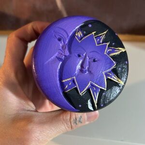 Celestial Painted Sun and Moon Purple Black Gold Wood Round Trinket Box Jewelry